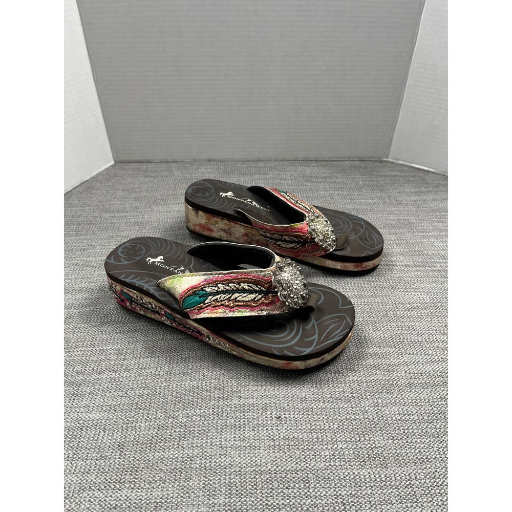 Montana West Platform Flip Flop Sandals Women's 8 Brown Rhinestone Y2K Boho